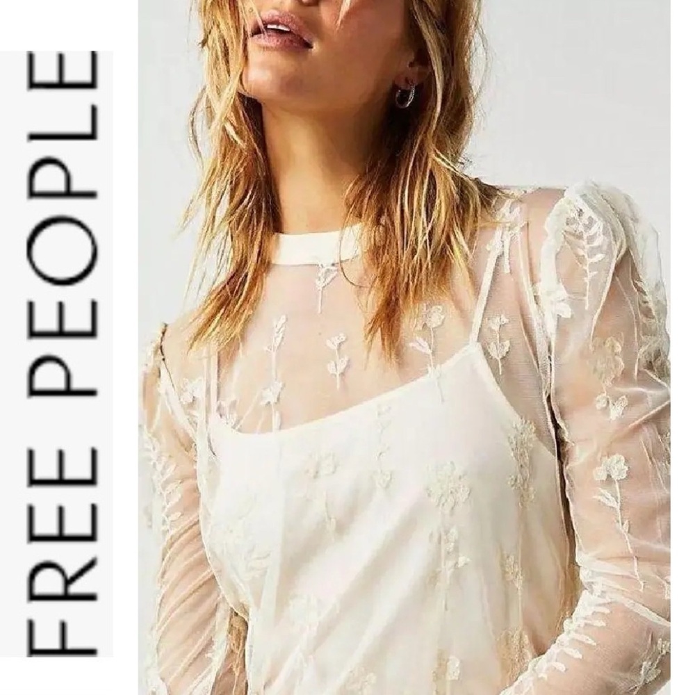 Free People Cecelia Sheer Lace Mini Dress pale pink/ ivory small - Picture 3 of 13